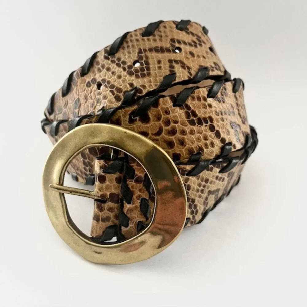 Leather Belt Snakeskin Print Tan Brown Black Gold Tone Buckle Size Large